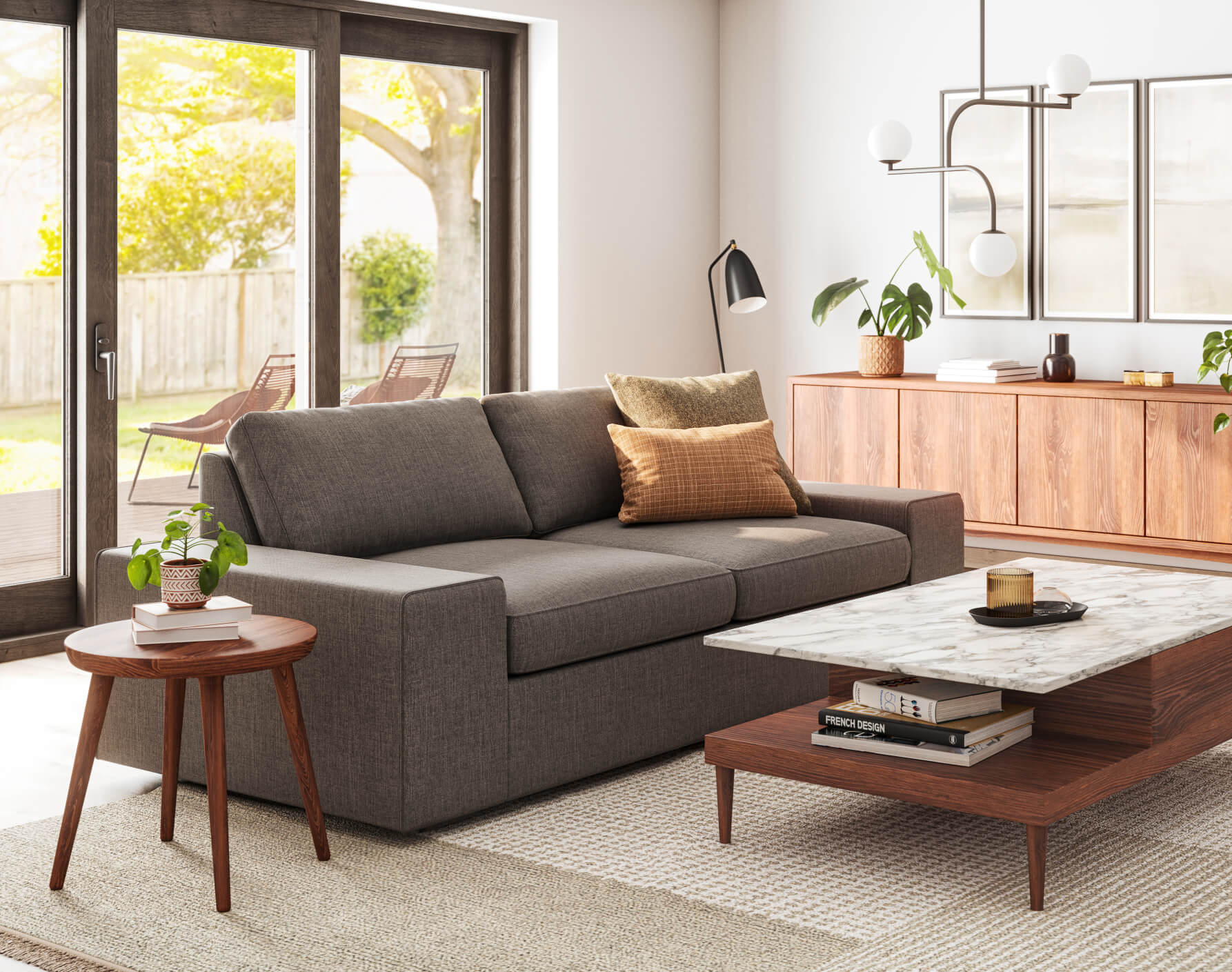 Shown in grey fabric, Voya Side Table, Sino Coffee Table, Emelia 4-Door Credenza, Lulu & Judge Throw Pillows