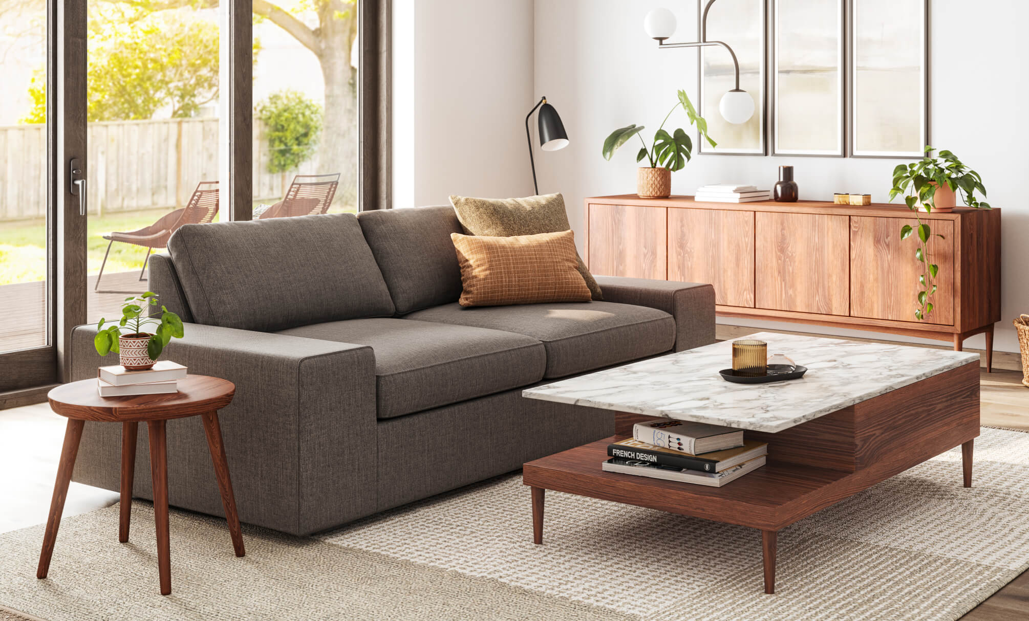 Shown in Linara Peppercorn fabric, Voya Side Table, Sino Coffee Table, Emelia 4-Door Credenza, Lulu & Judge Throw Pillows