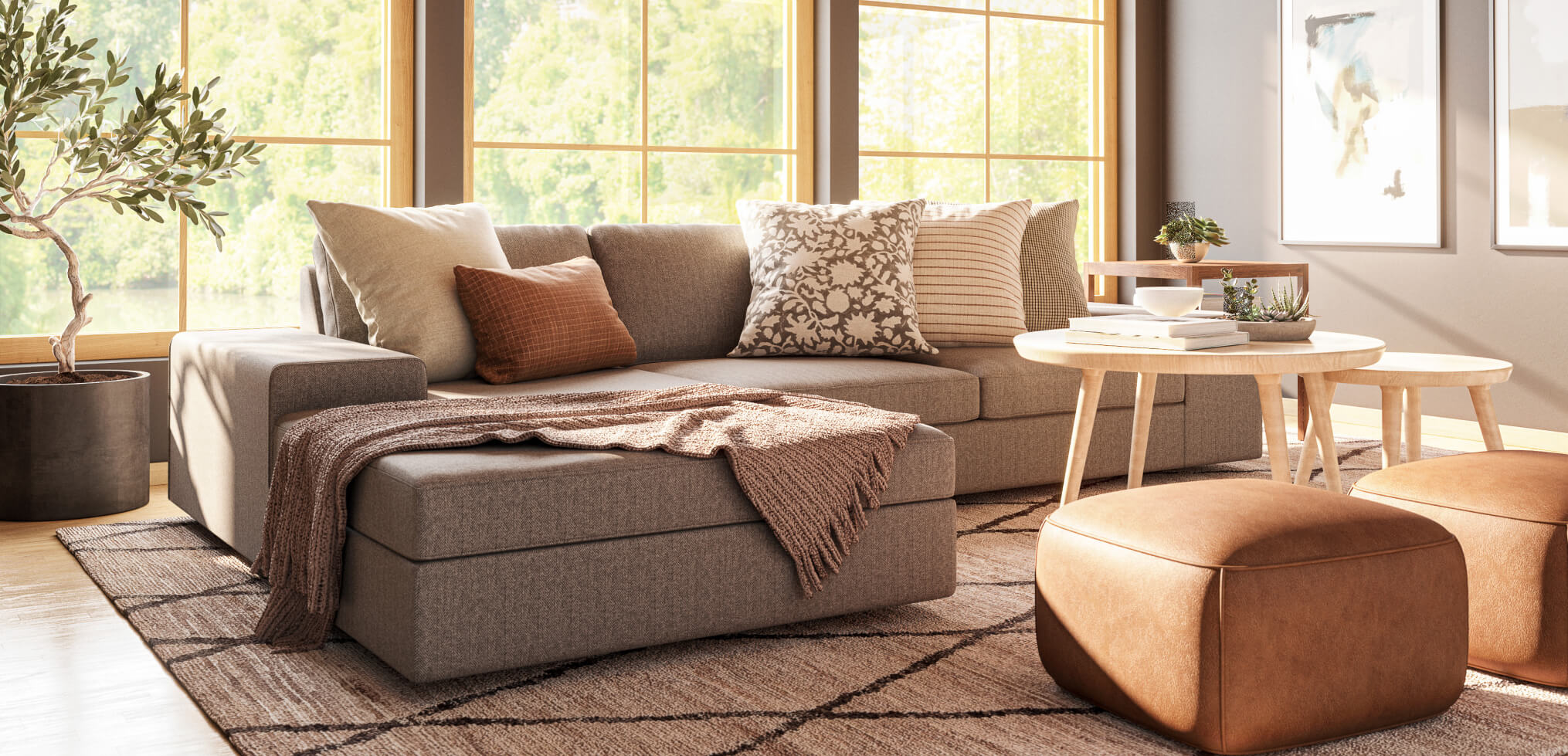 blumen chaise sectional in light grey upholstery in sunny room