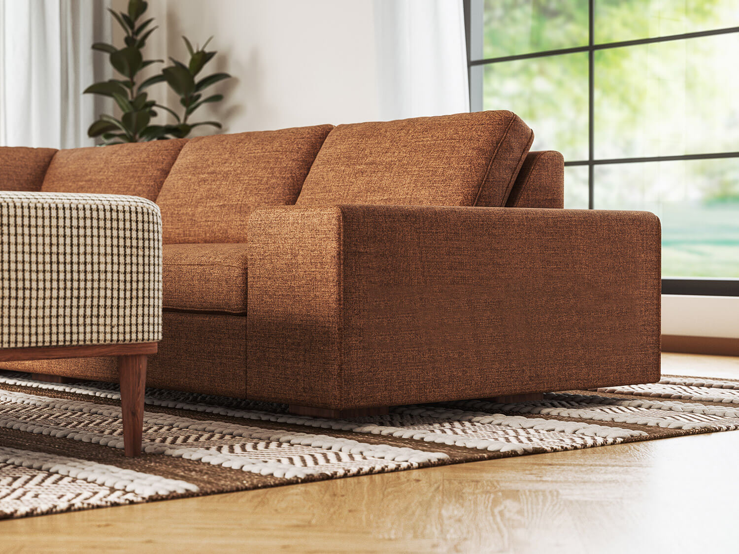 IRL: Blumen Corner Sectional in Buckbrush Tweed fabric, Noah Ottoman, Anders Shelf in Walnut