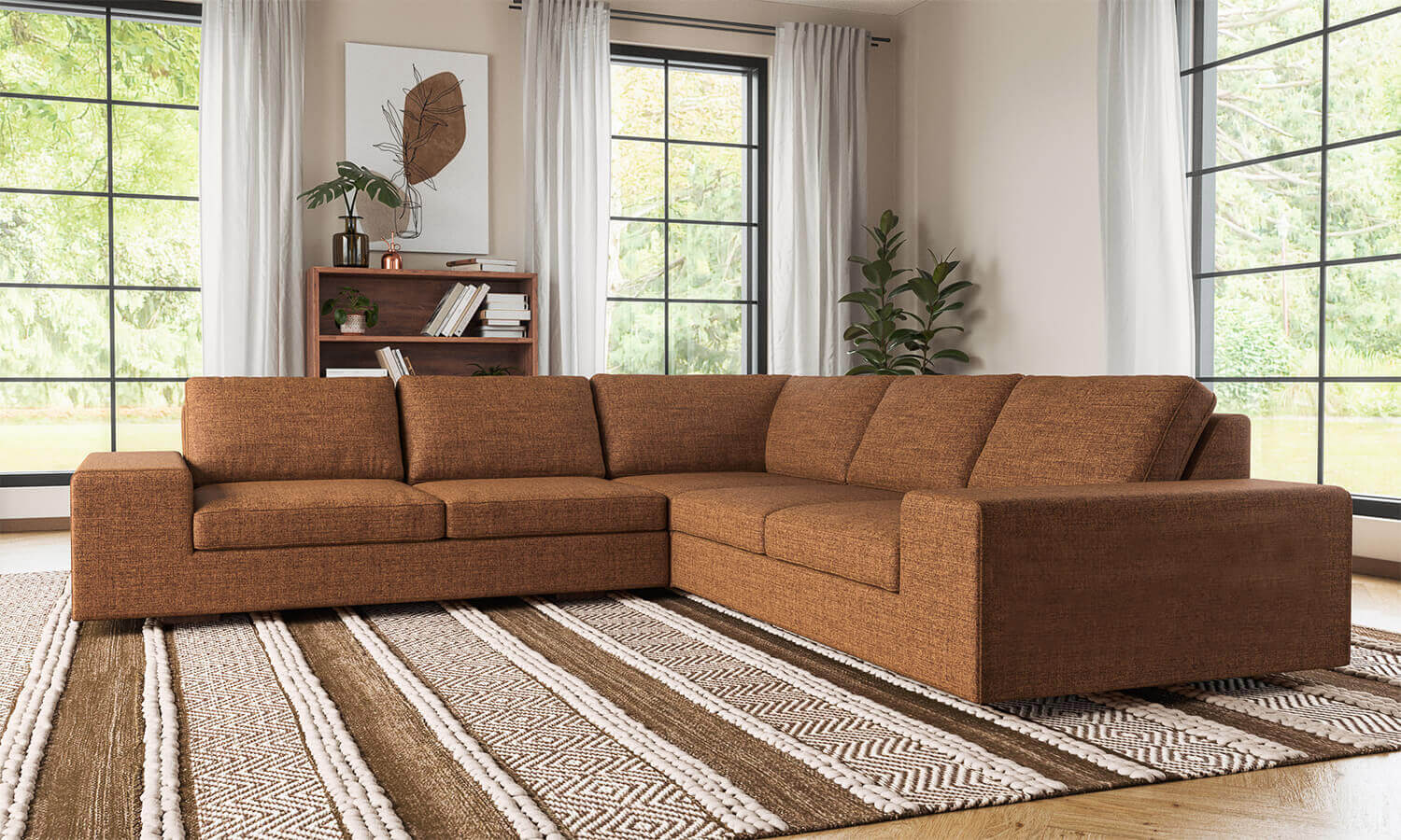 IRL: Blumen Corner Sectional in Buckbrush Tweed fabric, Noah Ottoman, Anders Shelf in Walnut