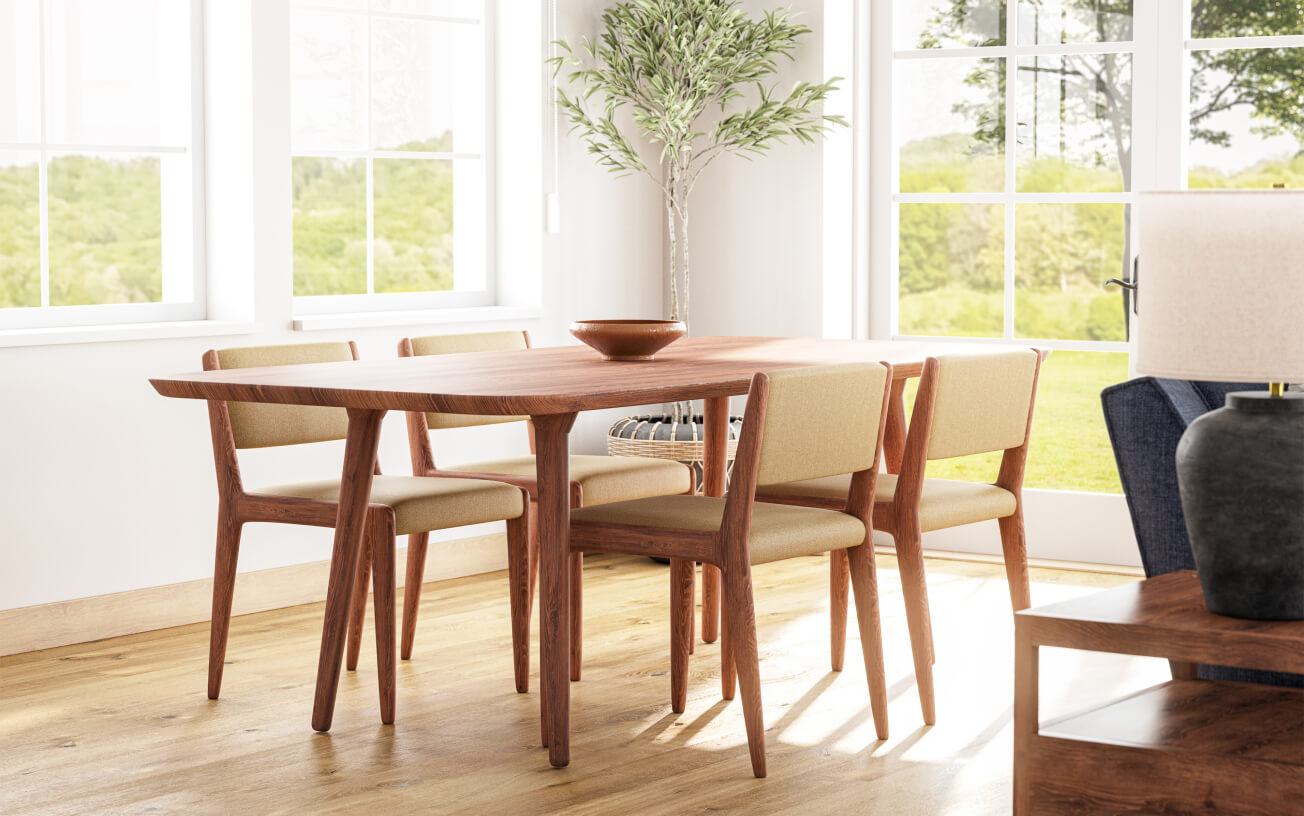 Voya dining table and jasmi dining chairs in walnut