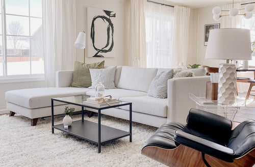 IRL: Mota Chaise Left Sectional in Alpine Oyster fabric and Zavis Cafe legs