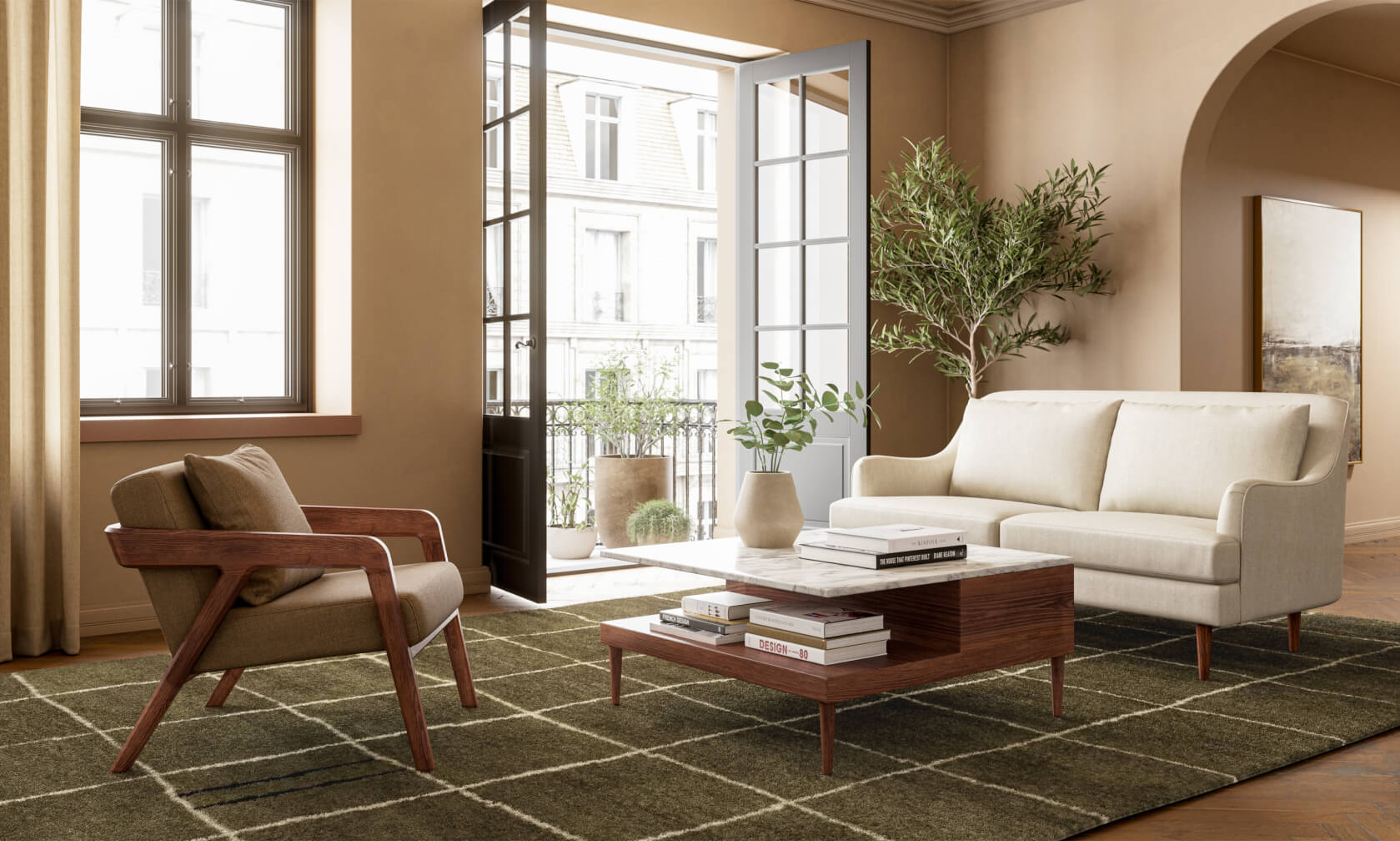 Shown with Kaydan Sofa in white fabric and Burr Chair