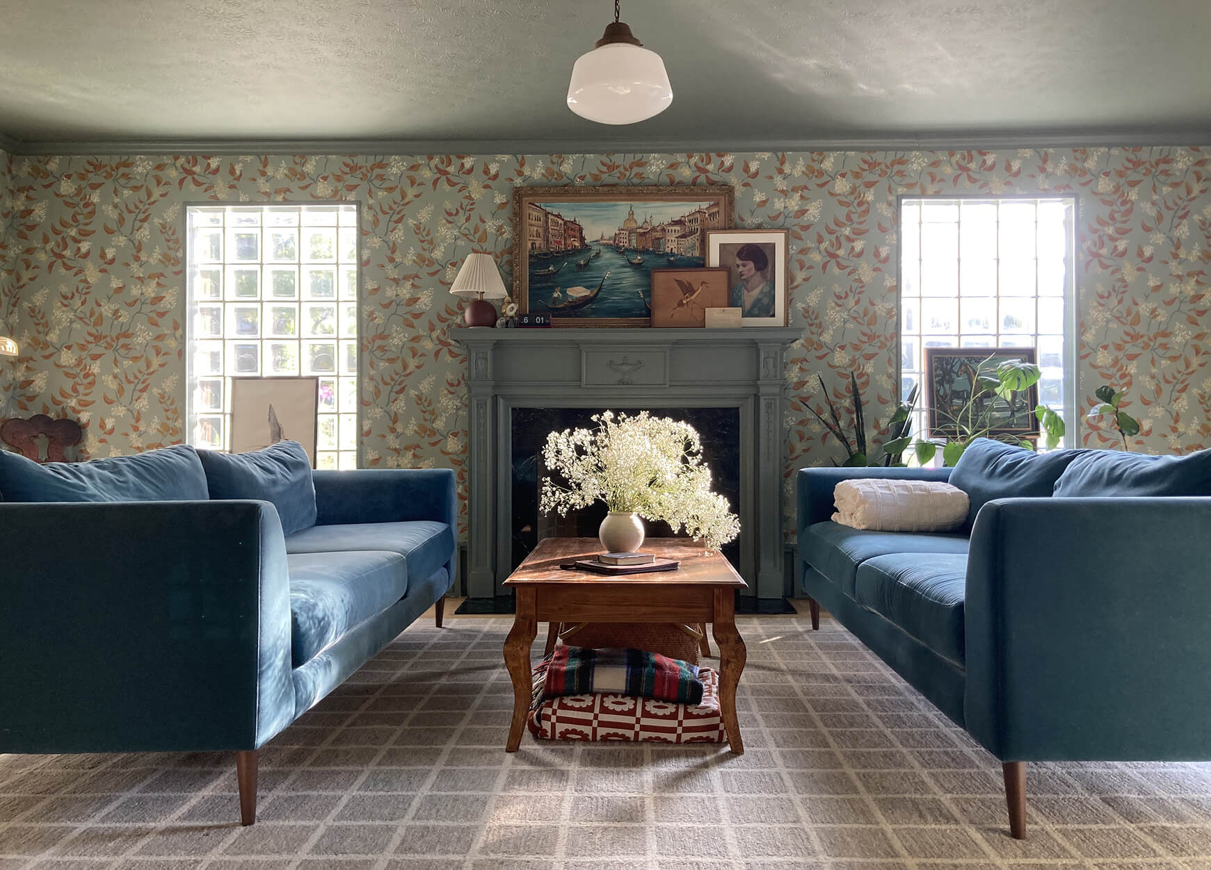 Two Medley Dekayess sofas in blue velvet