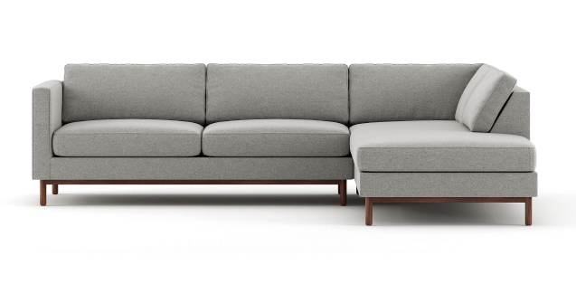 grey mota sectional with walnut wood base