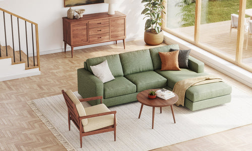 IRL: Shown in Juneberry Tarragon fabric with Voya Coffee Table in walnut wood