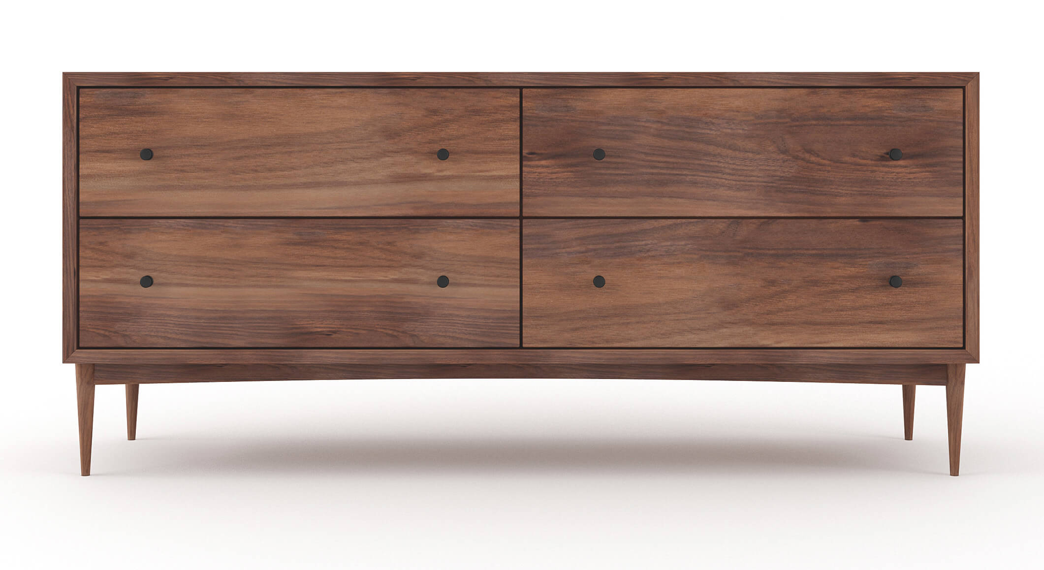 Atten 4-Drawer Wide Dresser shown in Walnut with Black Knobs