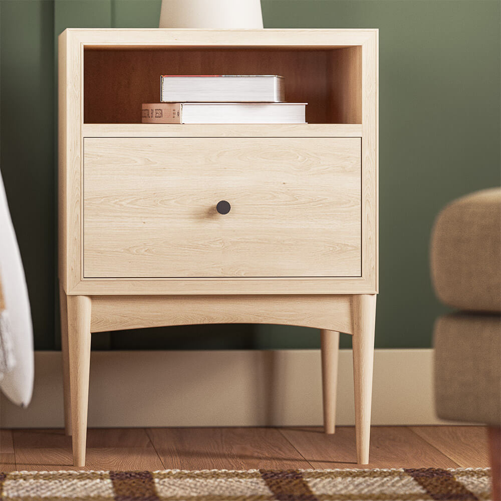 Atten nightstand in solid maple wood with a drawer and shelf for storage