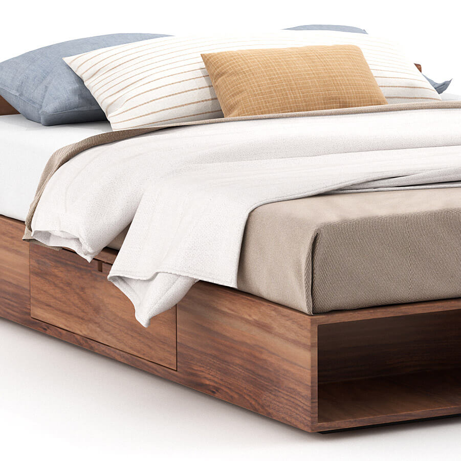 Buden Bed in walnut with drawer storage.