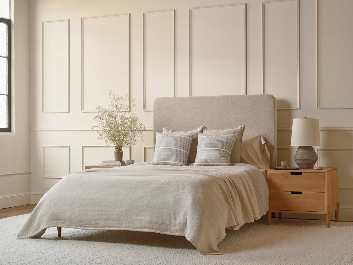 IRL: Chloe Bed in Stonecrop Linen fabric with Walt Nightstands