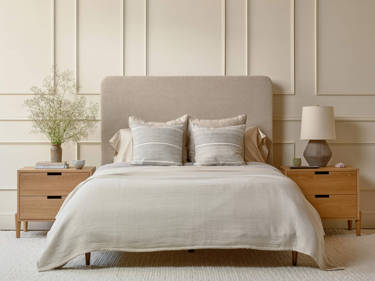 IRL: Chloe Bed in Stonecrop Linen fabric with Walt Nightstands