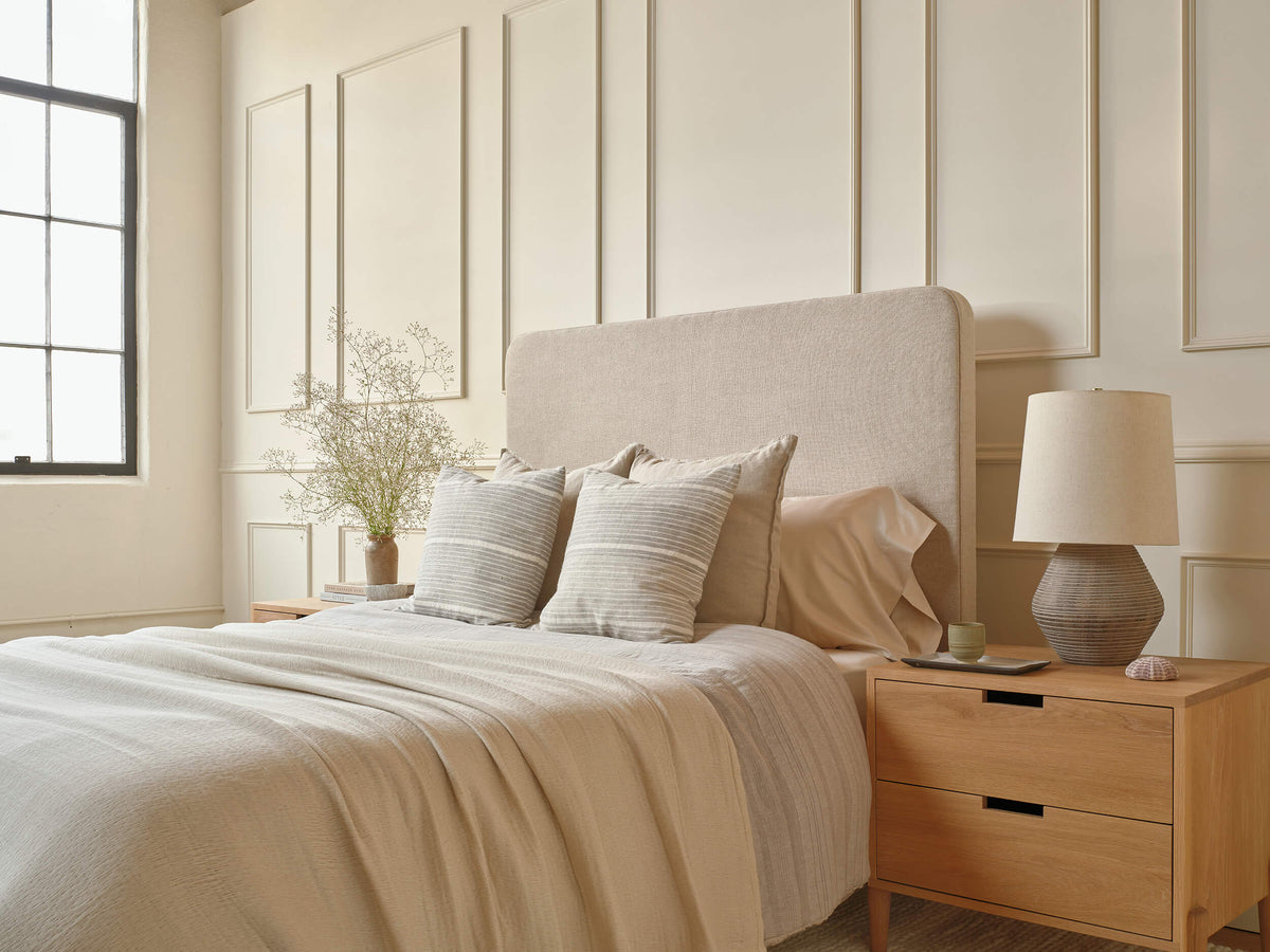 IRL: Chloe Bed in Stonecrop Linen fabric with Walt Nightstands