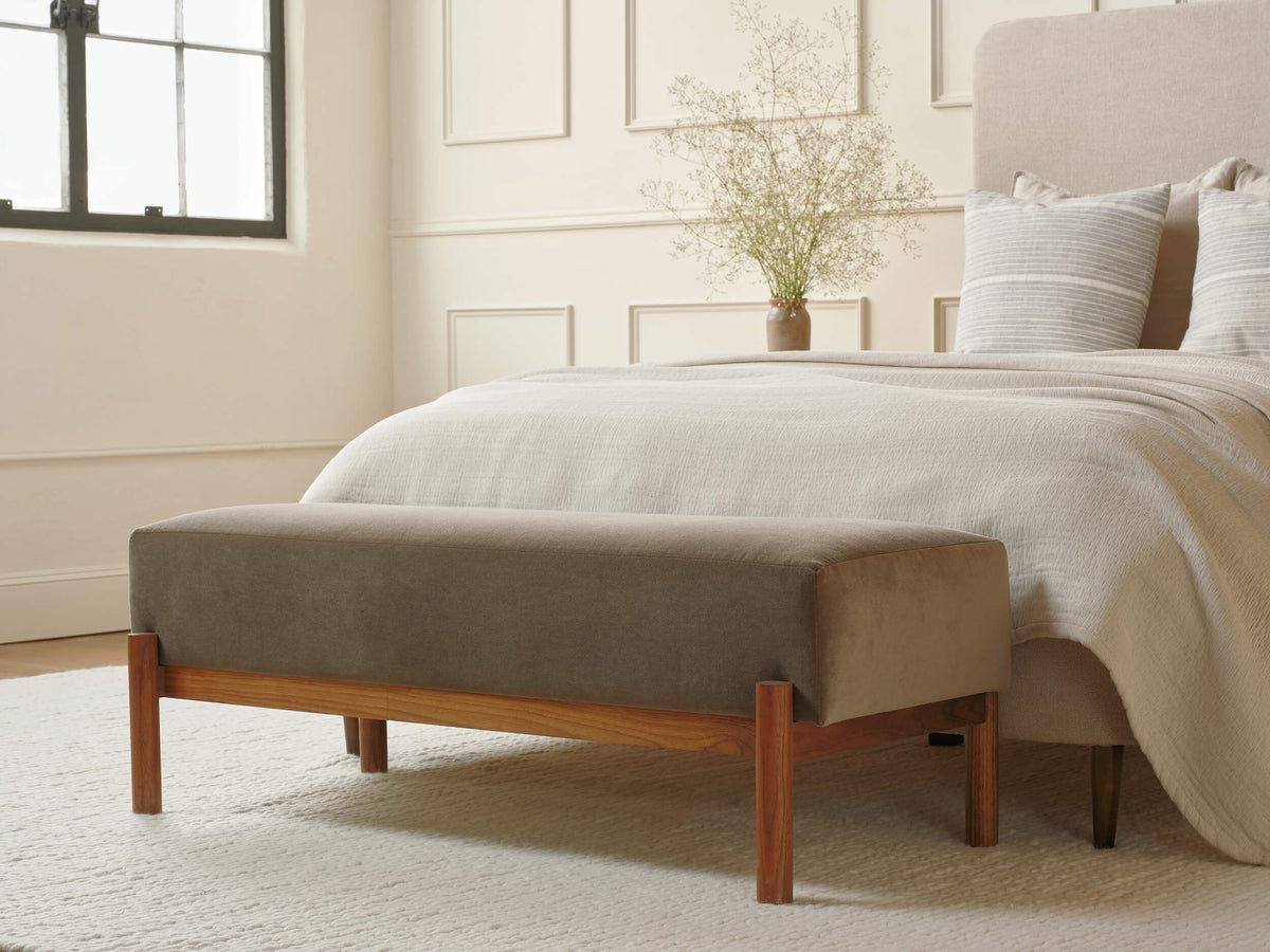 IRL: Chloe Bed in Stonecrop Linen fabric with the Paloma Bench