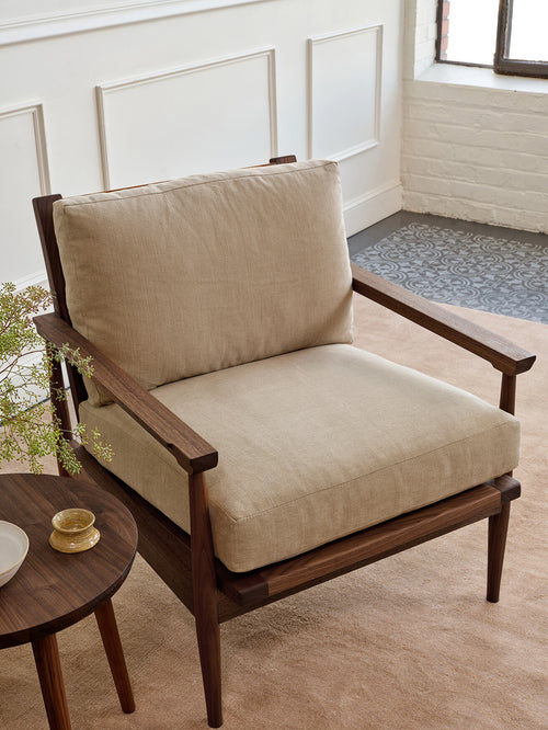 IRL: EIM Chair in deep walnut with Juneberry Caribou fabric