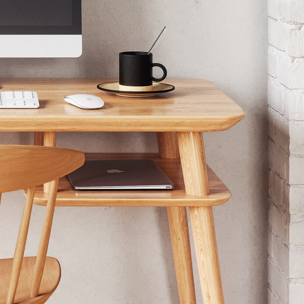 Hank Monitor Desk in maple wood with a shelf