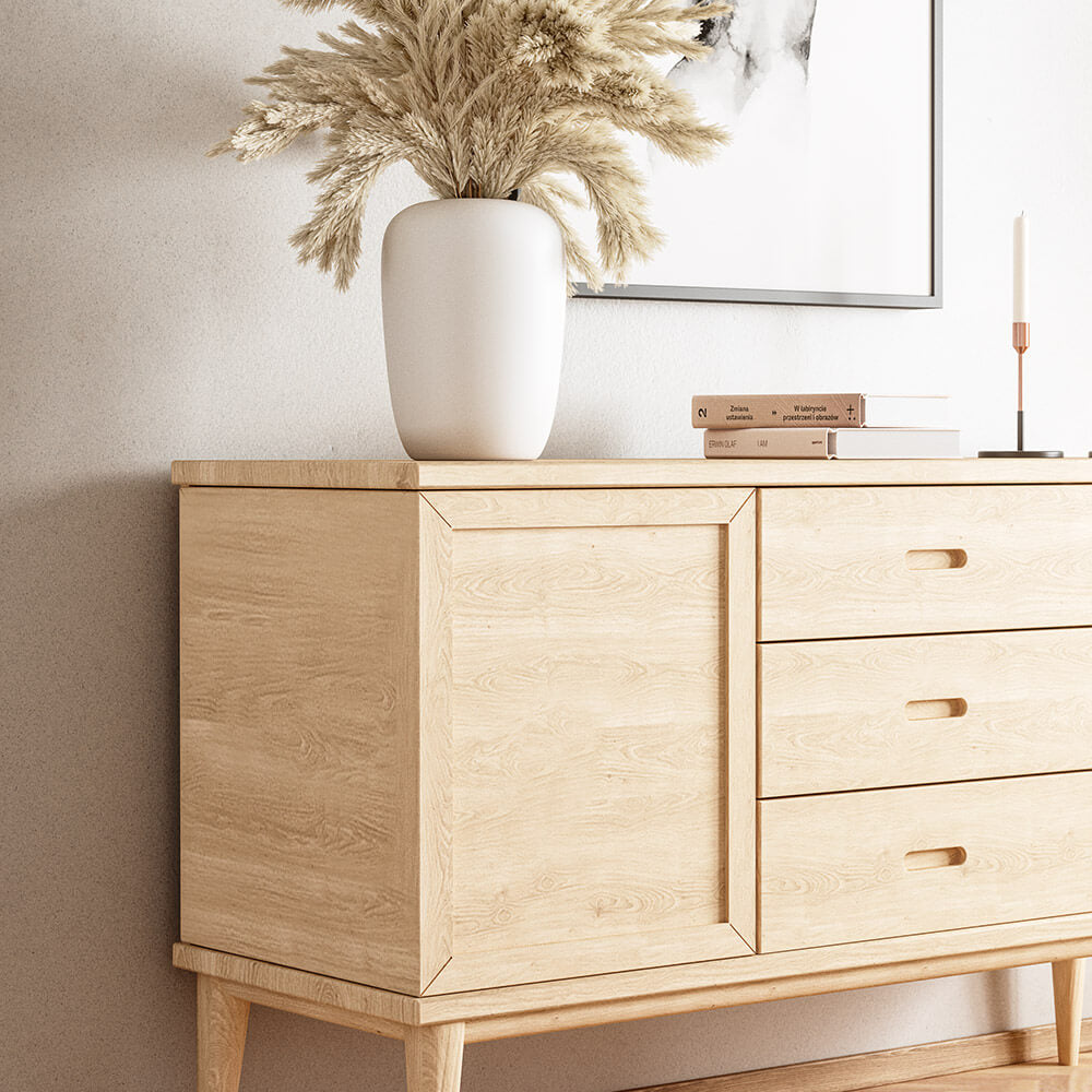Medley Harrison Credenza with two doors and three drawers in maple wood.