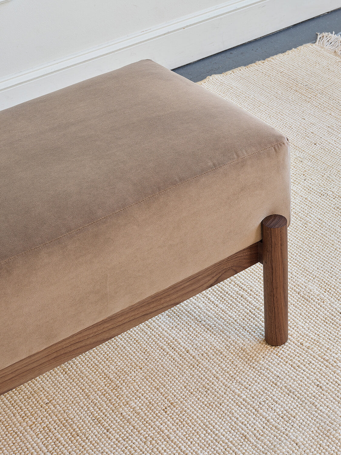 IRL: Paloma Bench in deep walnut and Aster Velvet Taupe