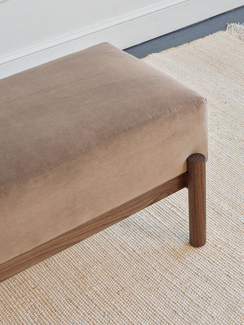IRL: Paloma Bench in deep walnut and Aster Velvet Taupe