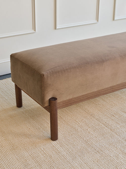 IRL: Paloma Bench in deep walnut and Aster Velvet Taupe