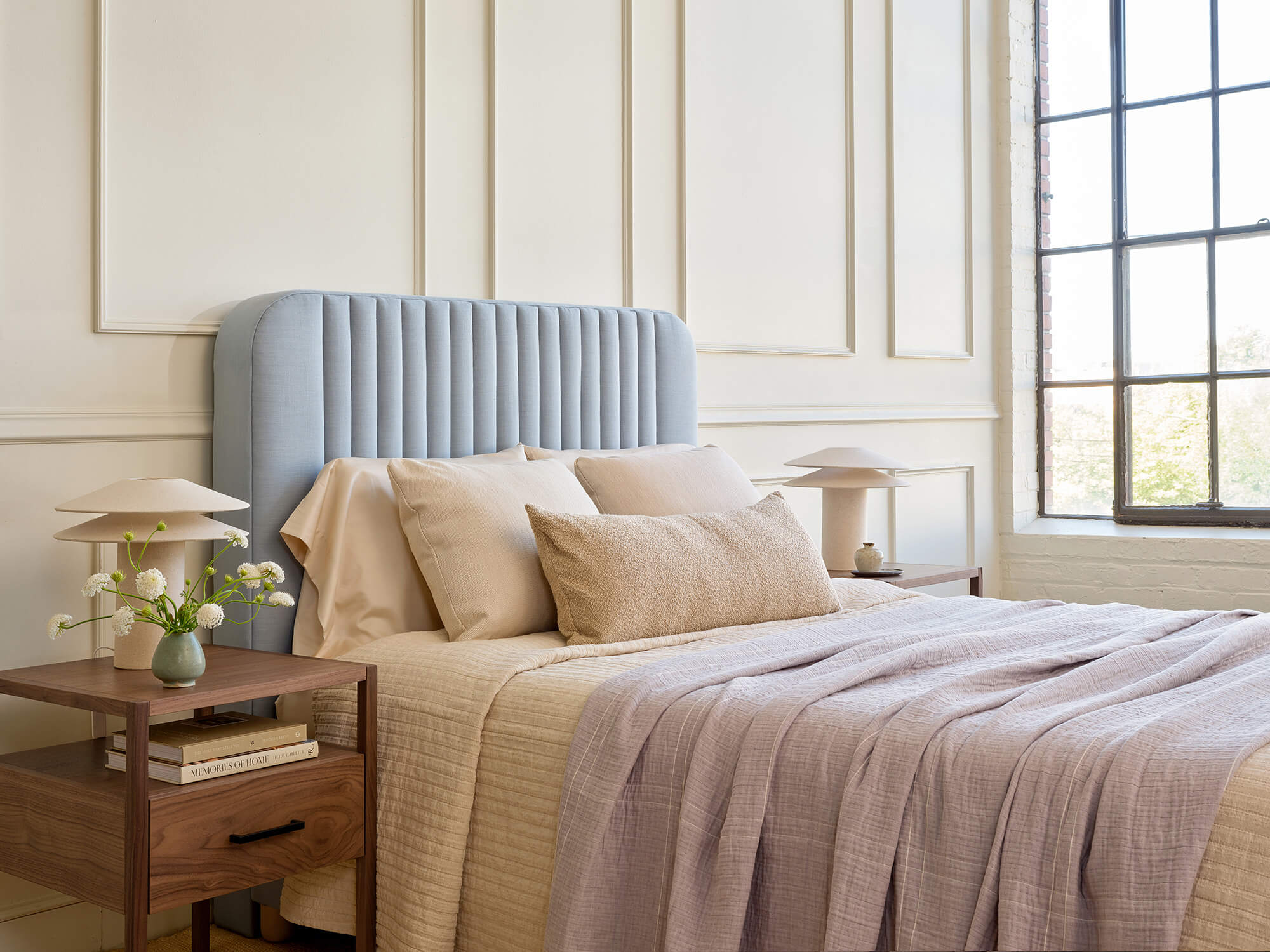 IRL: Pippen Bed shown in Larkspur Steel fabric