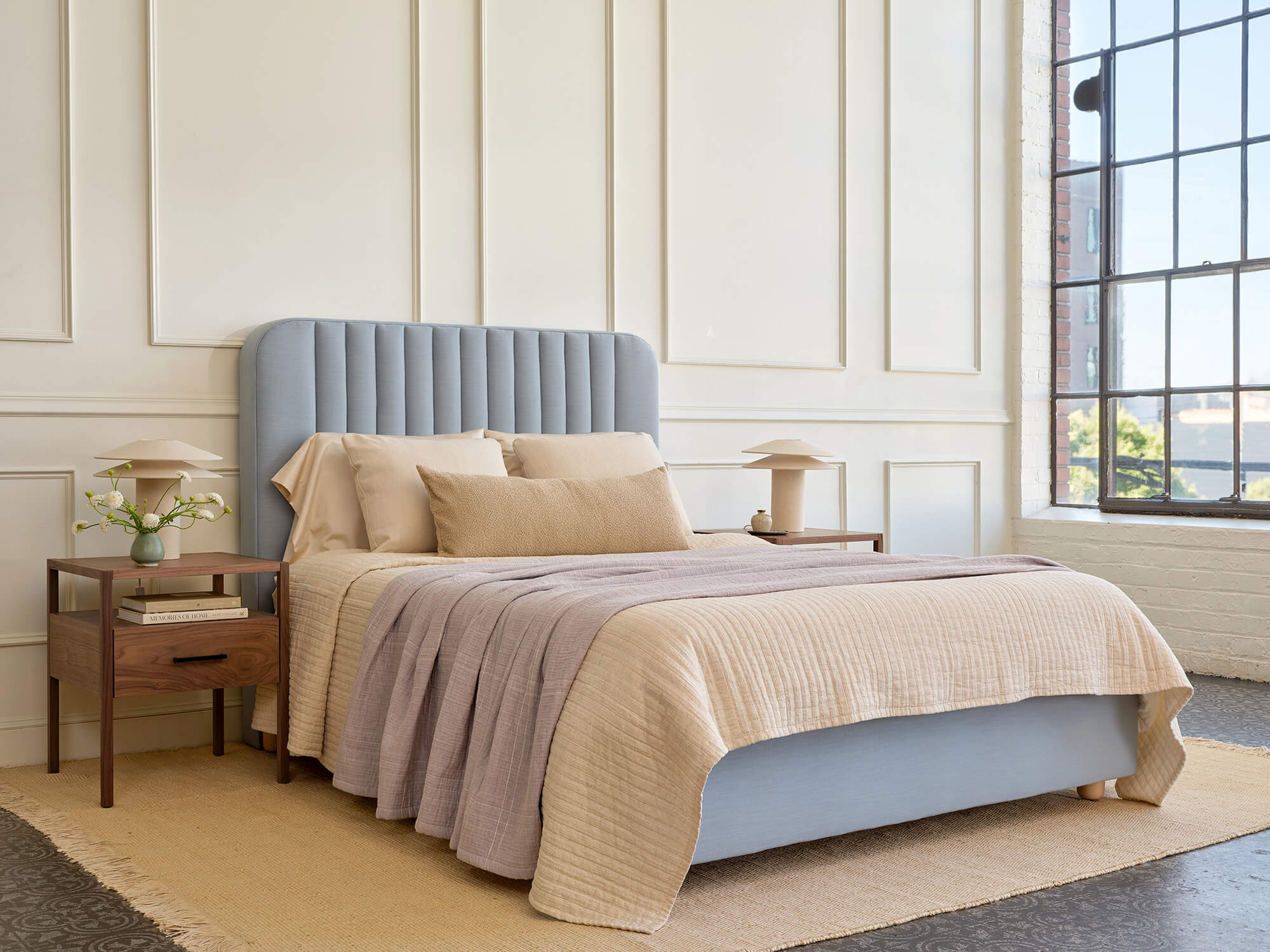 IRL: Pippen Bed shown in Larkspur Steel fabric