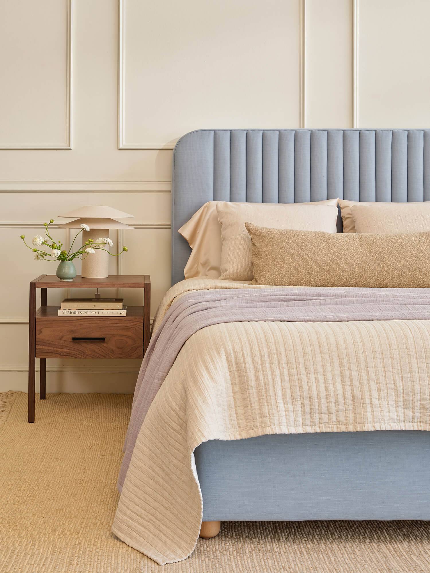 IRL: Pippen Bed shown in Larkspur Steel fabric