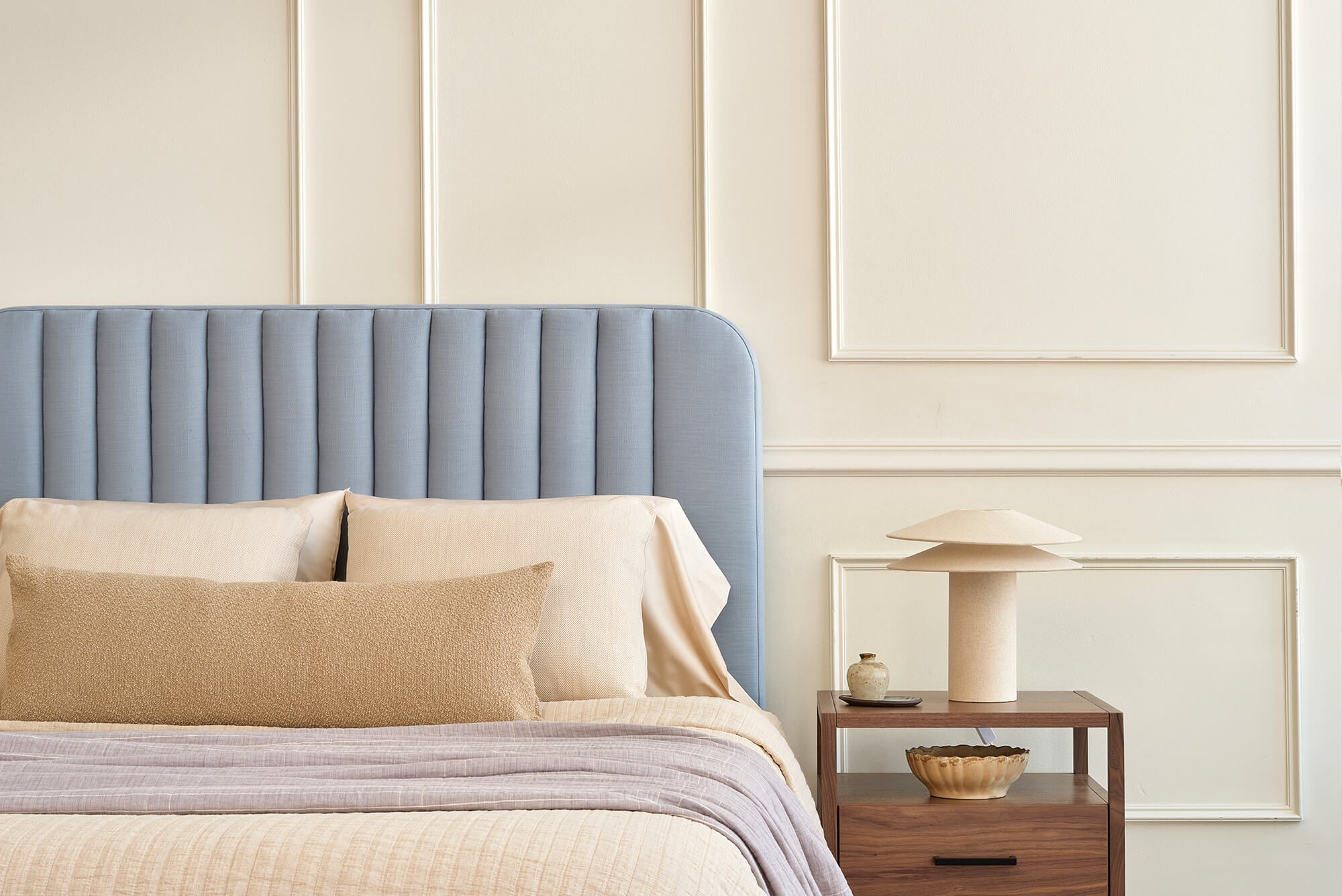 IRL: Pippen Bed shown in Larkspur Steel fabric