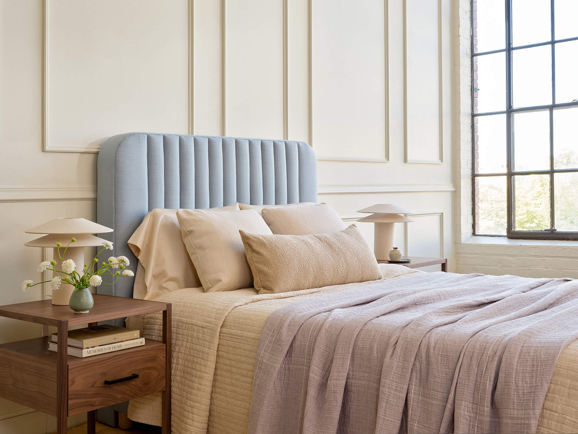 IRL: Pippen Bed shown in Larkspur Steel fabric