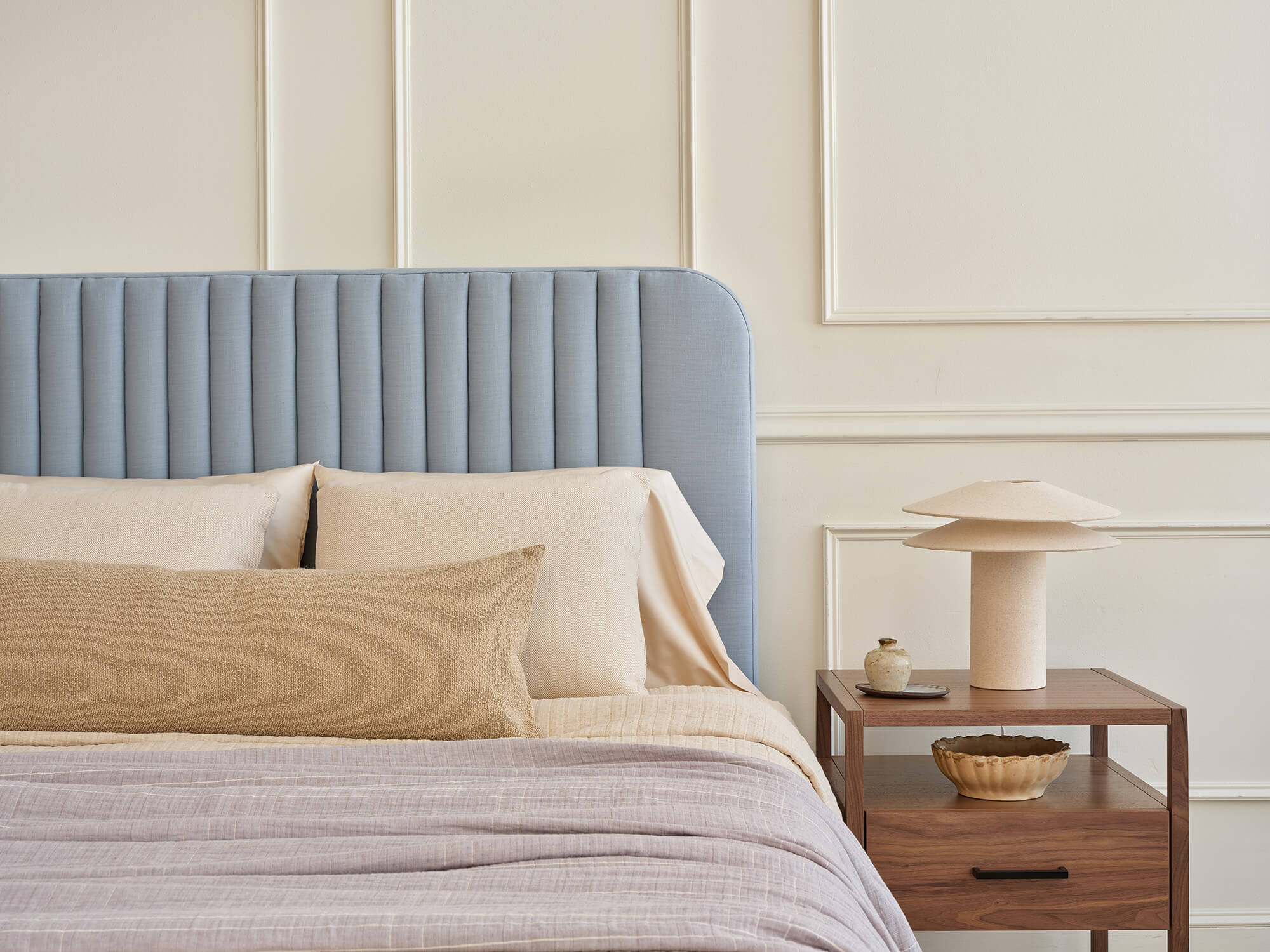 IRL: Pippen Bed shown in Larkspur Steel fabric