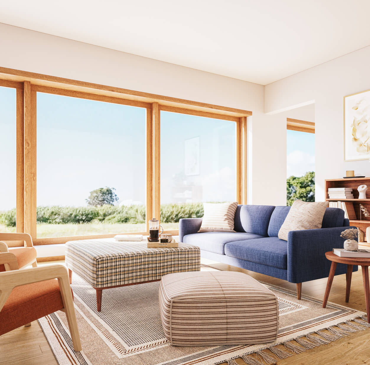 poufs and ottomans in sunny room with blue sofa