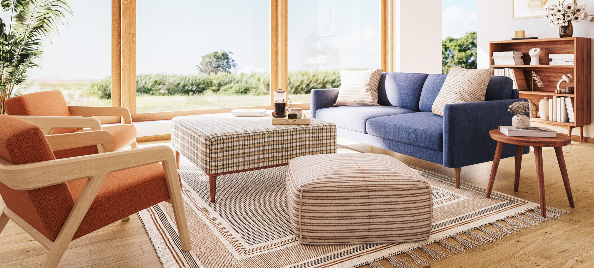 poufs and ottomans in sunny room with blue sofa