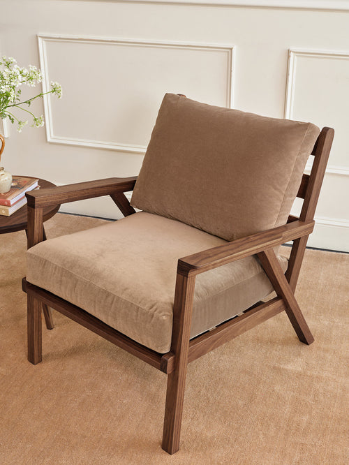 IRL: Ridge Chair in deep walnut wood and Aster Velvet Taupe fabric