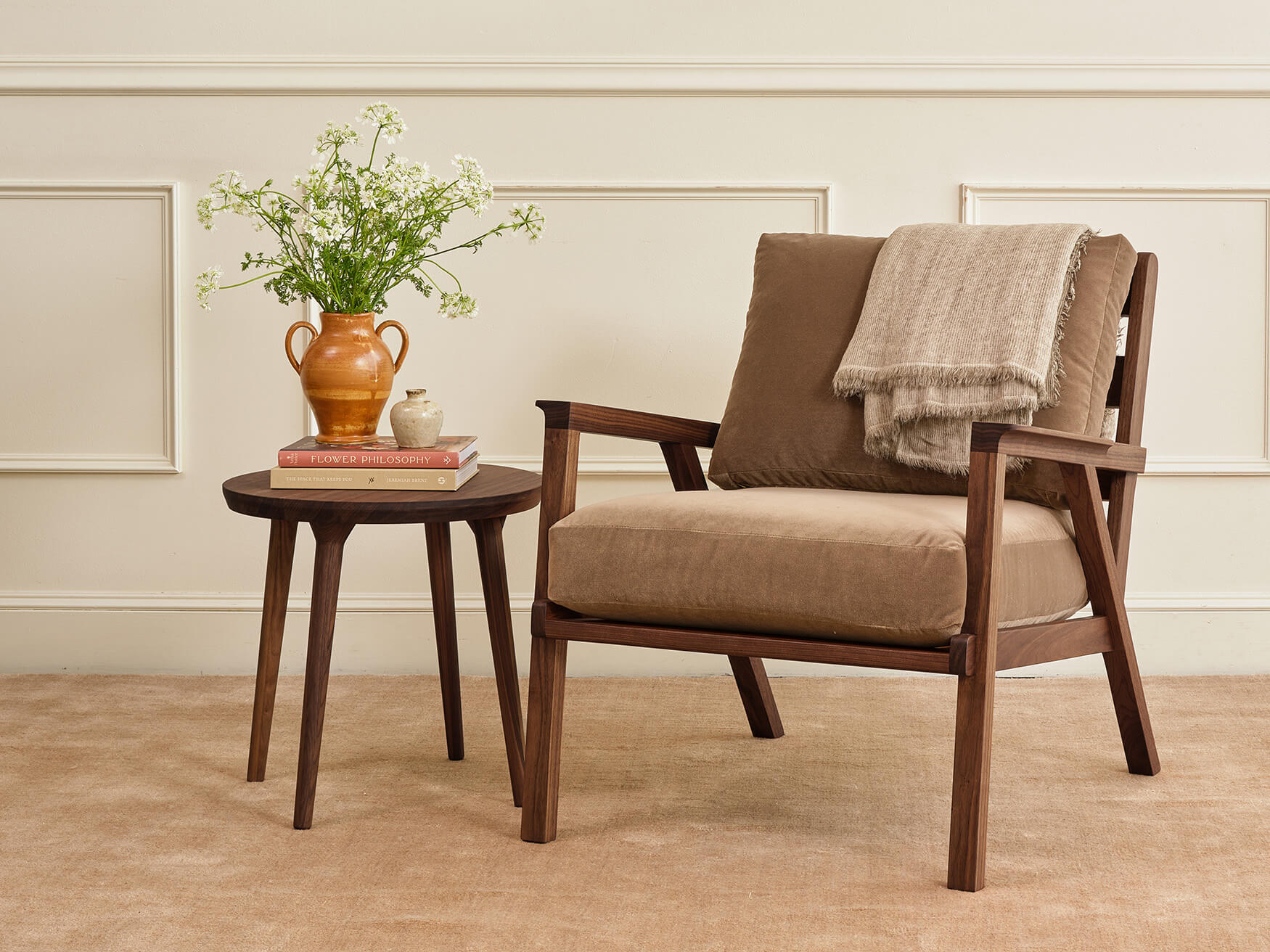 IRL: Ridge Chair in deep walnut wood and Aster Velvet Taupe fabric