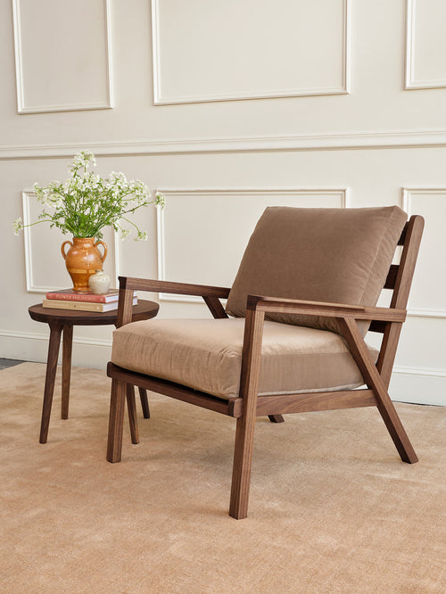 IRL: Ridge Chair in deep walnut wood and Aster Velvet Taupe fabric