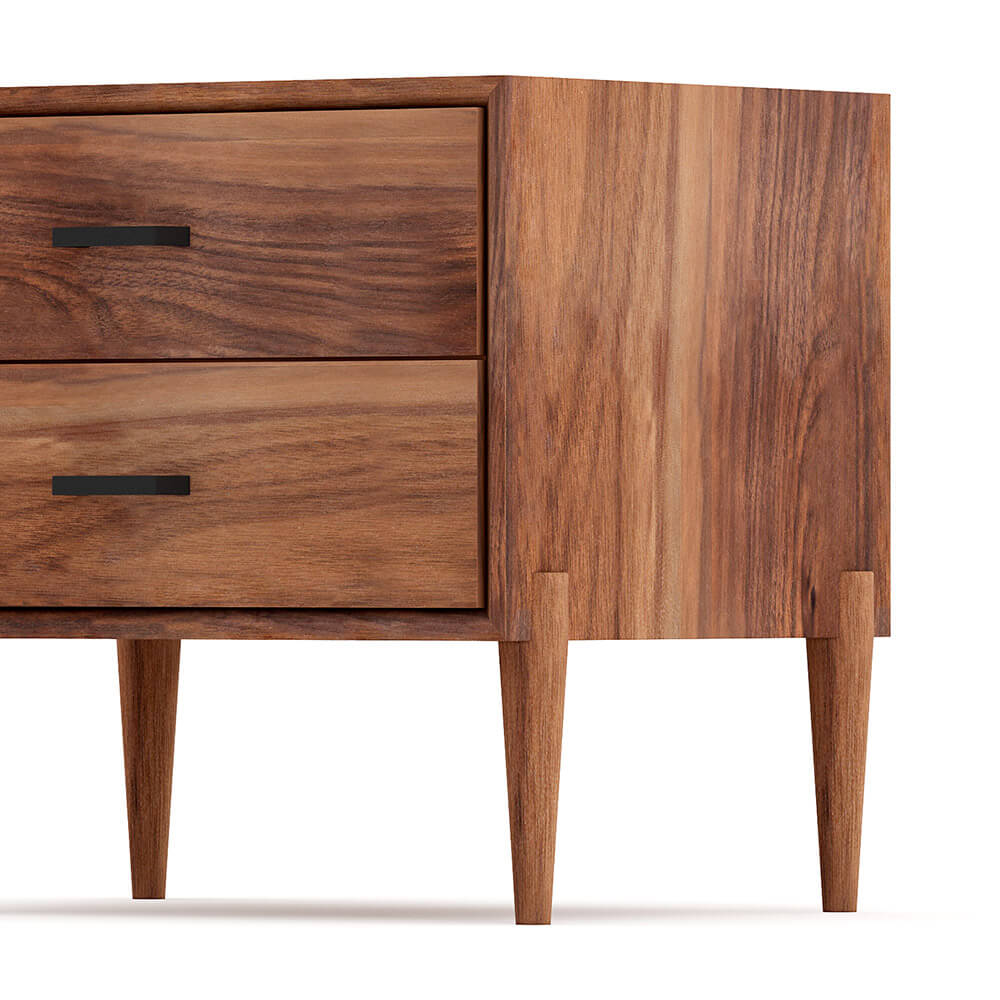 Walt Nightstand in walnut wood with a beveled edge and turned leg details.
