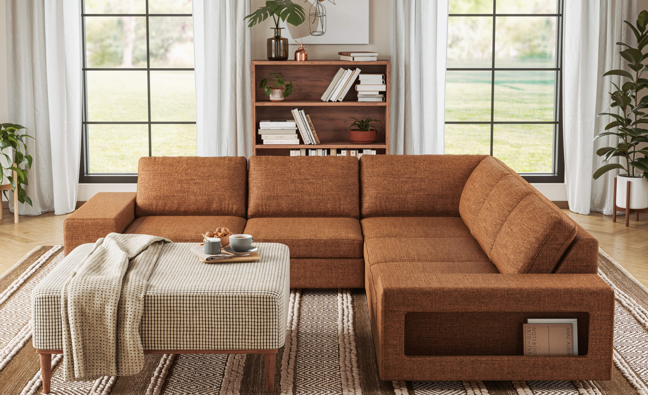 IRL: Anders Shelf shown in Walnut with Blumen Corner Sectional