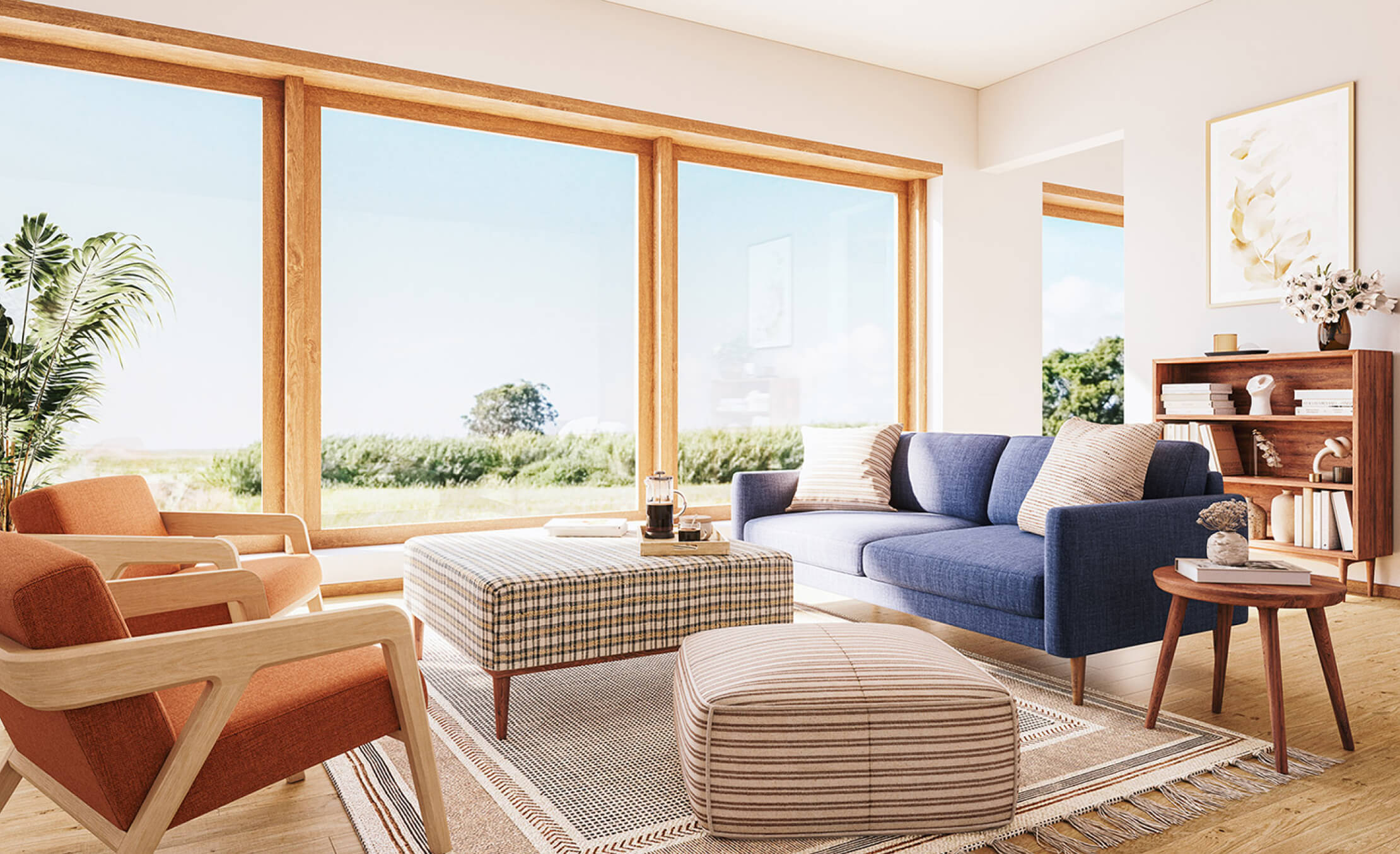 IRL: Lala Sofa in Smart Navy, Voya Side Table in Walnut, Burr Chair in Canyon, Noah in Arya, and Anders in Walnut