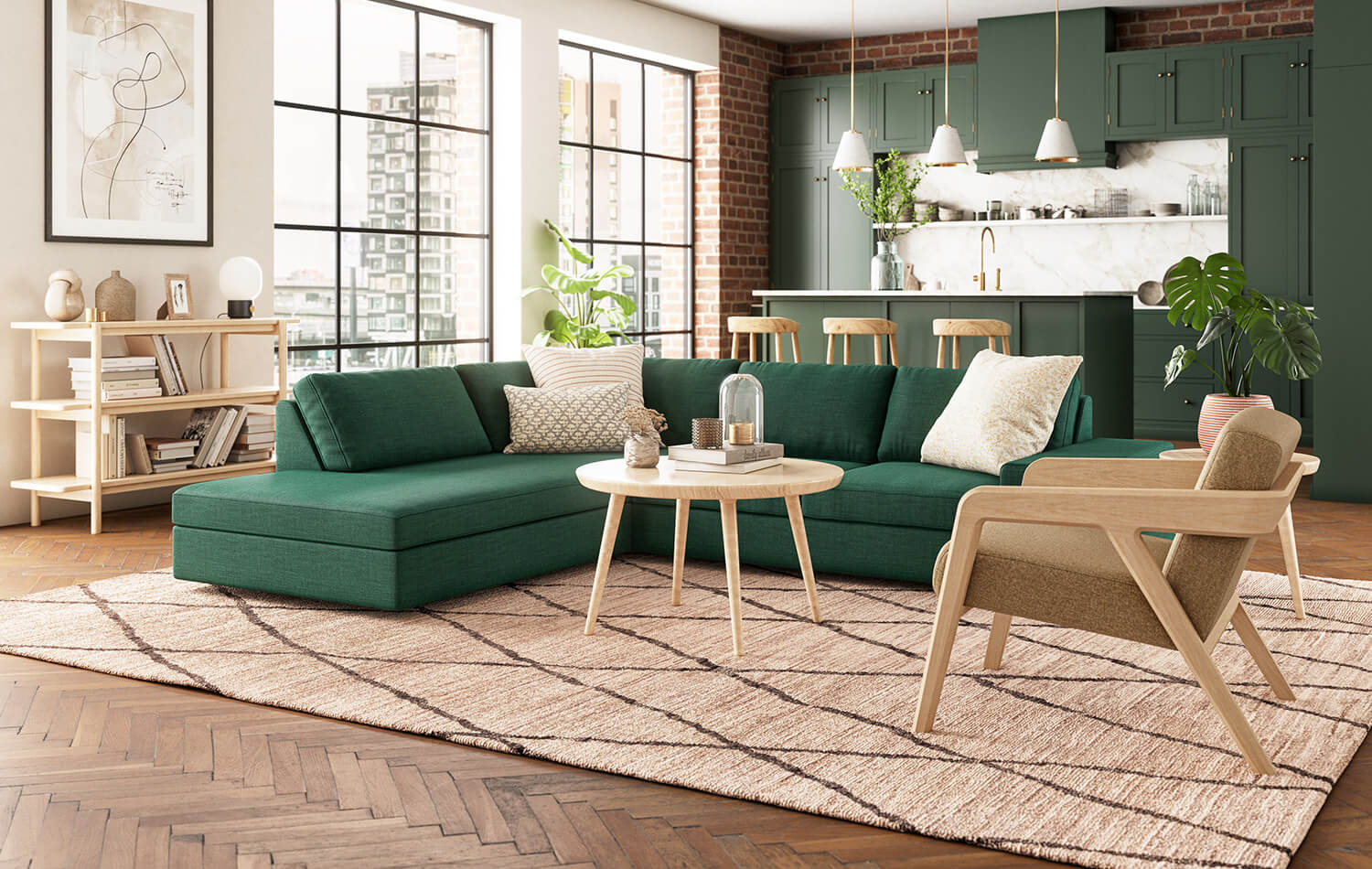 Blumen Bumper Left Sectional in Deluxe Petrol fabric, Voya Coffee Table, Iris 3-Tier Shelf, Burr Accent Chair, Lulu & Judge Throw Pillows