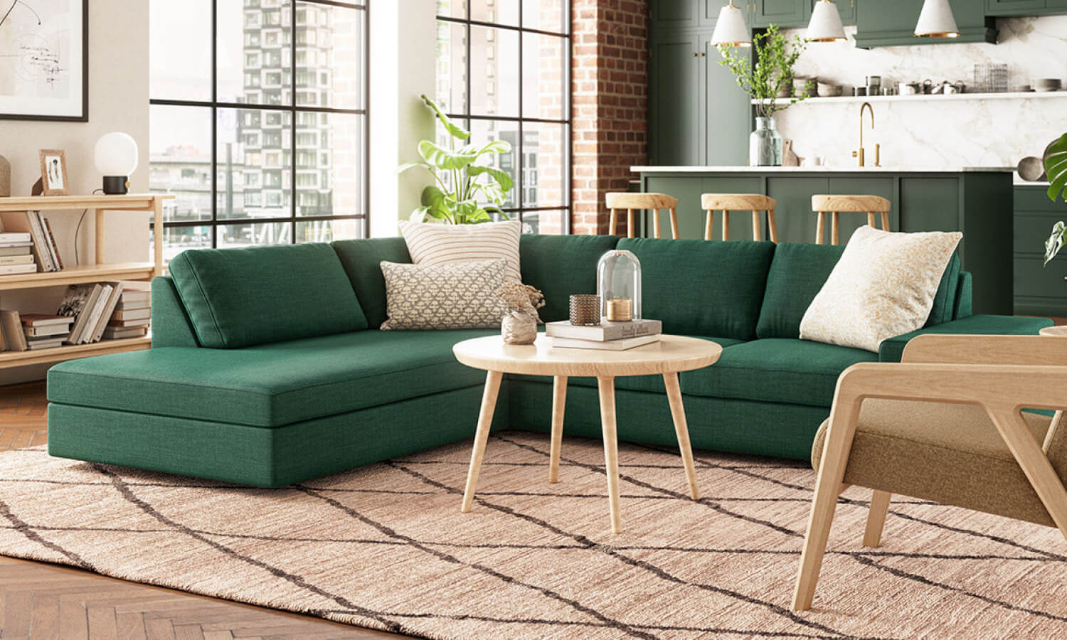 IRL: Blumen Bumper Left Sectional in Juneberry Spruce fabric, Voya Coffee Table, Iris 3-Tier Shelf, Burr Accent Chair, Lulu & Judge Throw Pillows