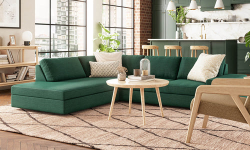 IRL: Blumen Bumper Left Sectional in Juneberry Spruce fabric, Voya Coffee Table, Iris 3-Tier Shelf, Burr Accent Chair, Lulu & Judge Throw Pillows