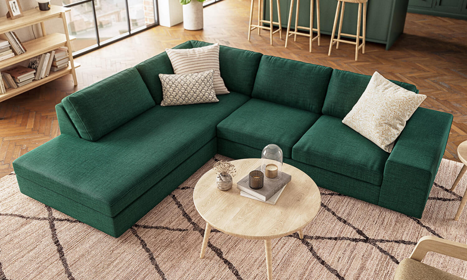 IRL: Blumen Bumper Left Sectional in Juneberry Spruce fabric, Voya Coffee Table, Iris 3-Tier Shelf, Burr Accent Chair, Lulu & Judge Throw Pillows