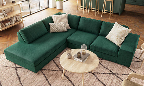 IRL: Blumen Bumper Left Sectional in Juneberry Spruce fabric, Voya Coffee Table, Iris 3-Tier Shelf, Burr Accent Chair, Lulu & Judge Throw Pillows