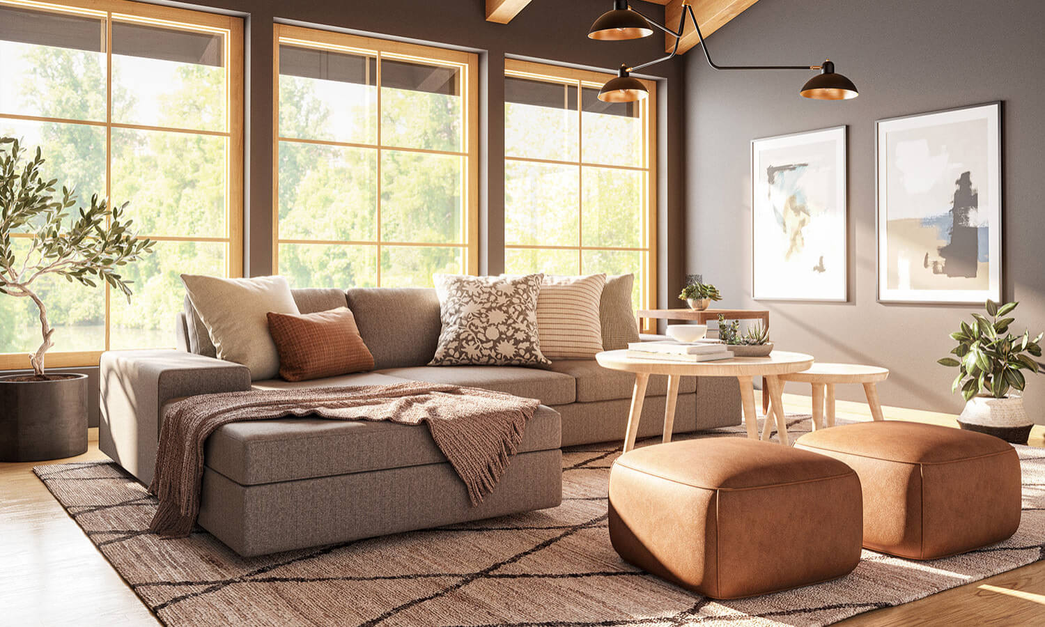 IRL: Shown in C.O.M. fabric, Voya Coffee and Side Tables, Mayer Poufs in Milo Taupe leather, and Lulu & Judge Throw Pillows