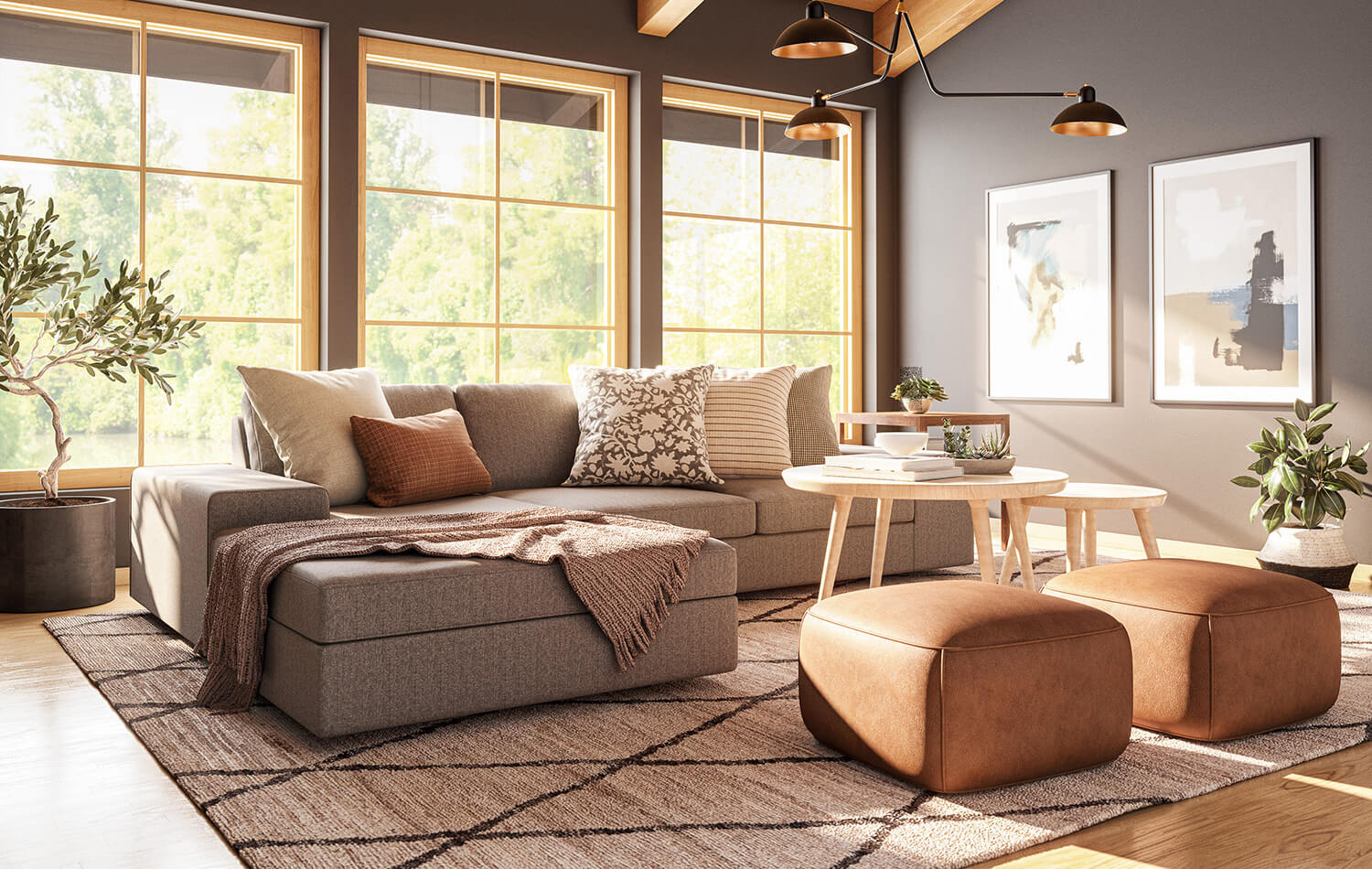 IRL: Voya Coffee & Side Tables nested with the Mayer Poufs in Sundance Marigold leather, Blumen Chaise Left Sectional in Melton Feather fabric