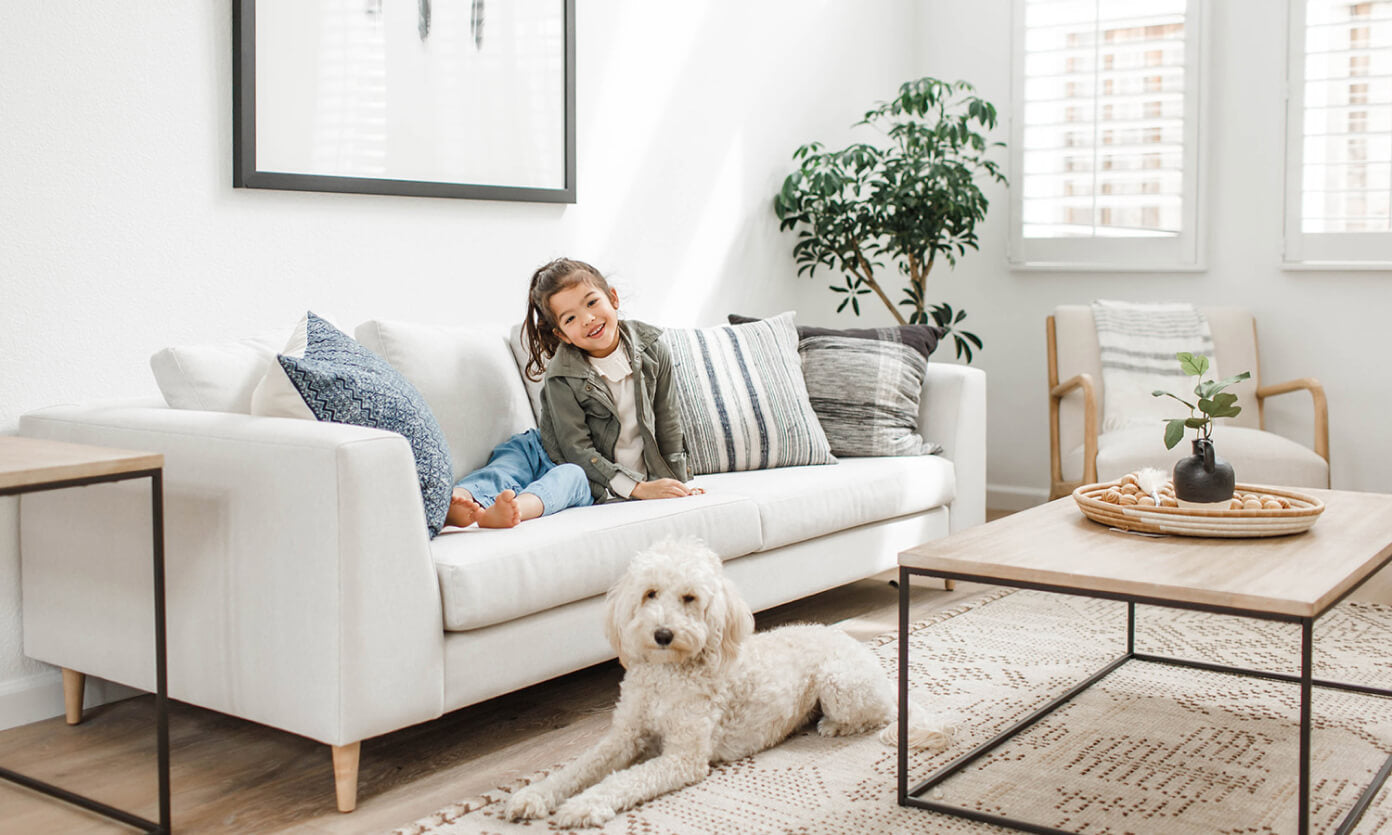 IRL: Shown in Larkspur Pearl fabric and Thom maple legs.