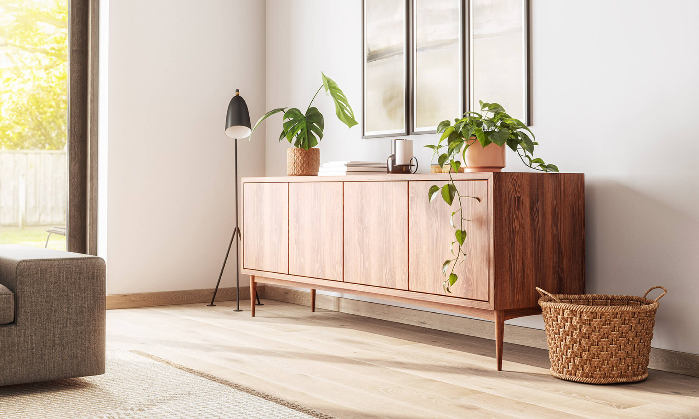 IRL: Shown in Walnut wood next to the Blumen Sofa in Smart Aluminum fabric