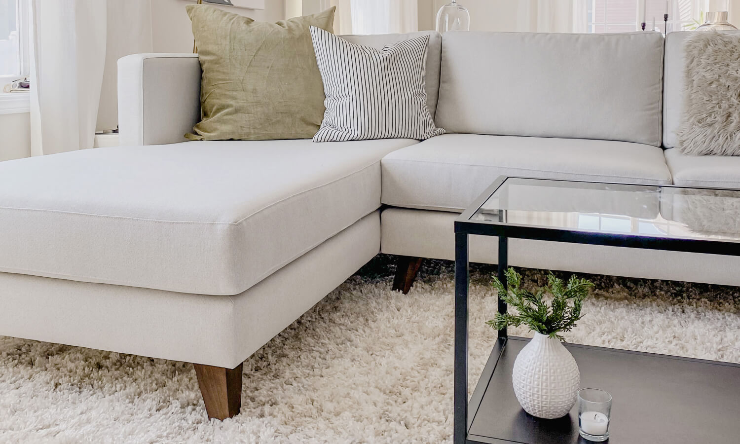 IRL: Mota Chaise Left Sectional in Alpine Oyster fabric and Zavis Cafe legs