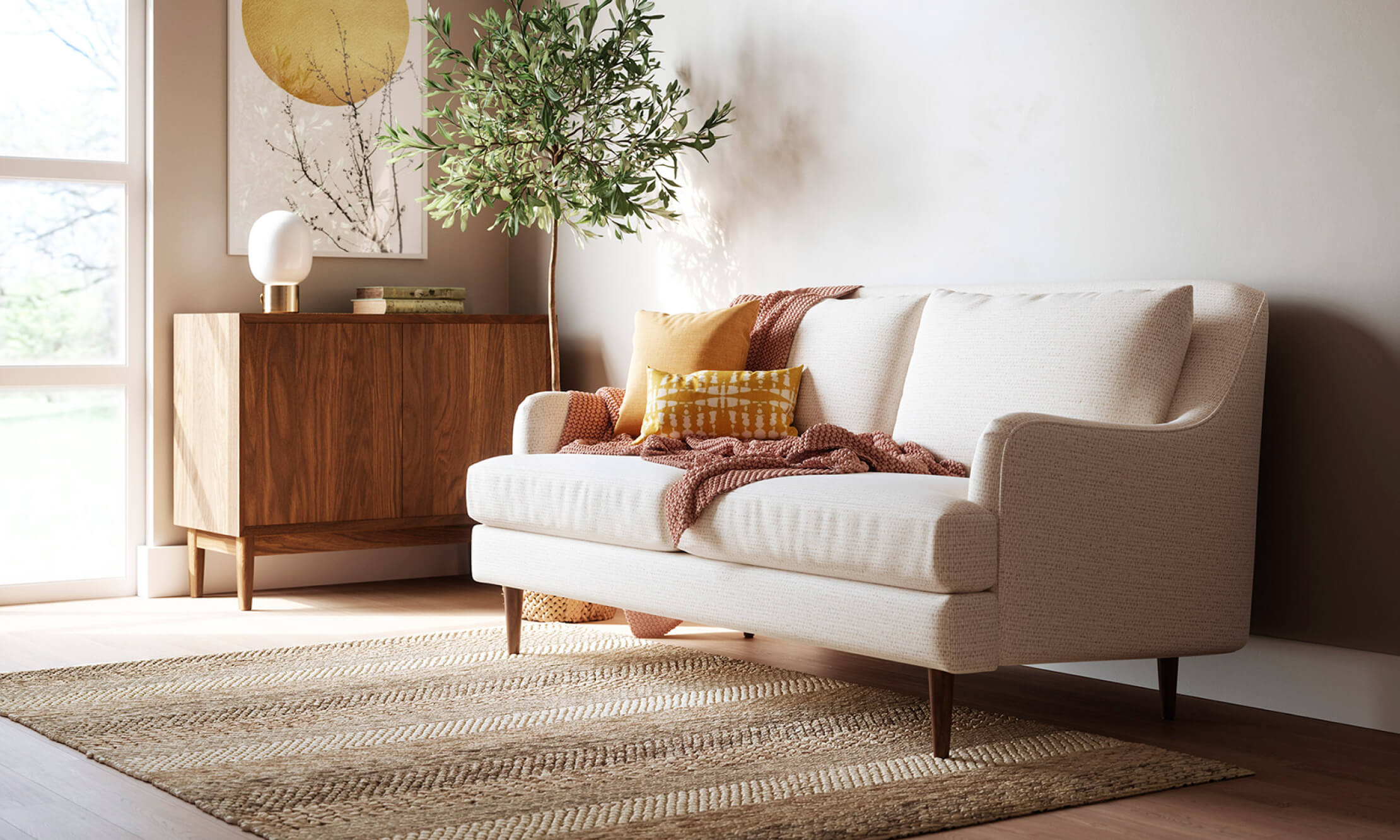 IRL: Emila 2-Door Credenza in Walnut, Kaydan Loveseat in Texture Oyster Fabric