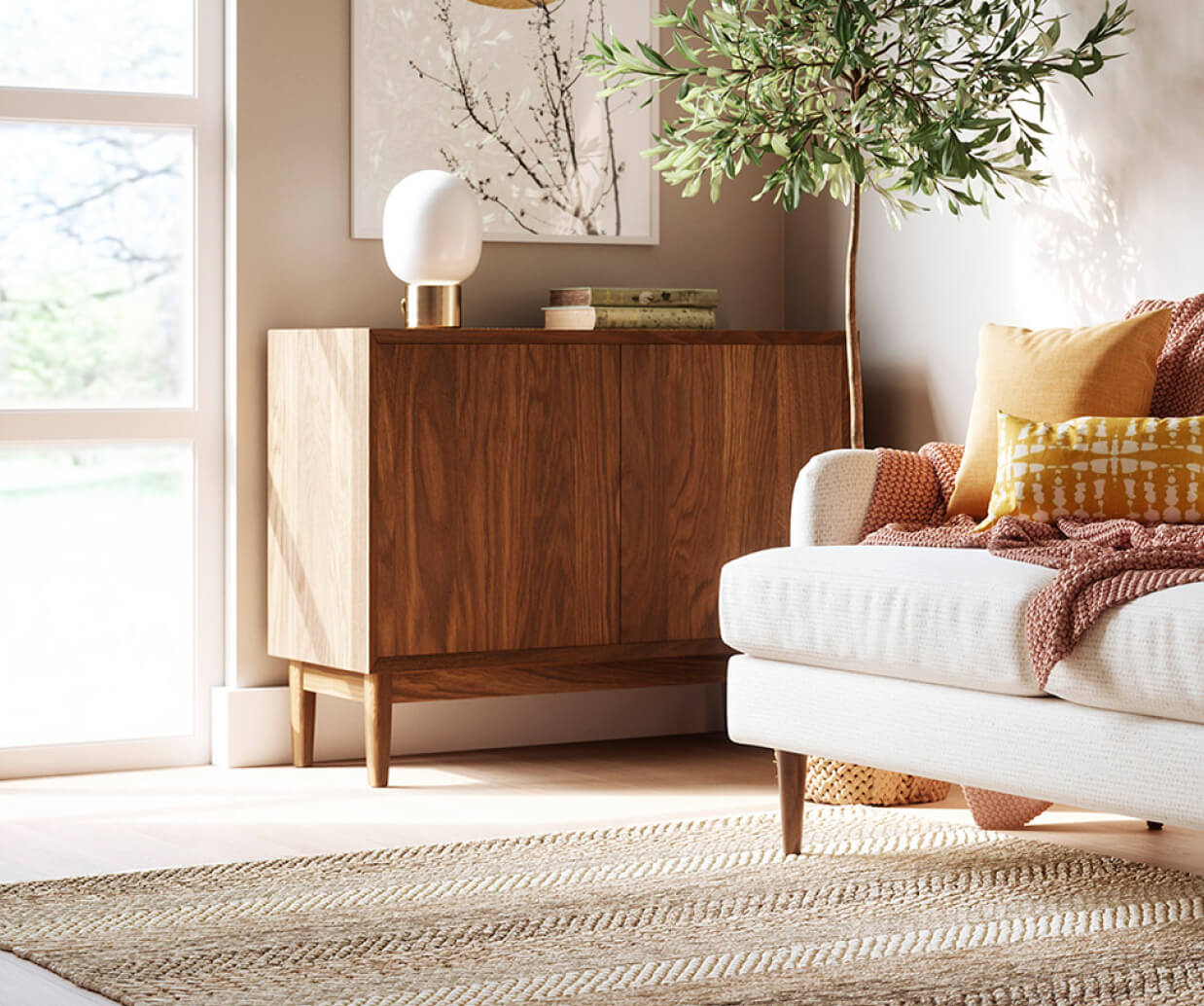 Emila 2-Door Credenza in Walnut, Kaydan Loveseat in Texture Oyster Fabric